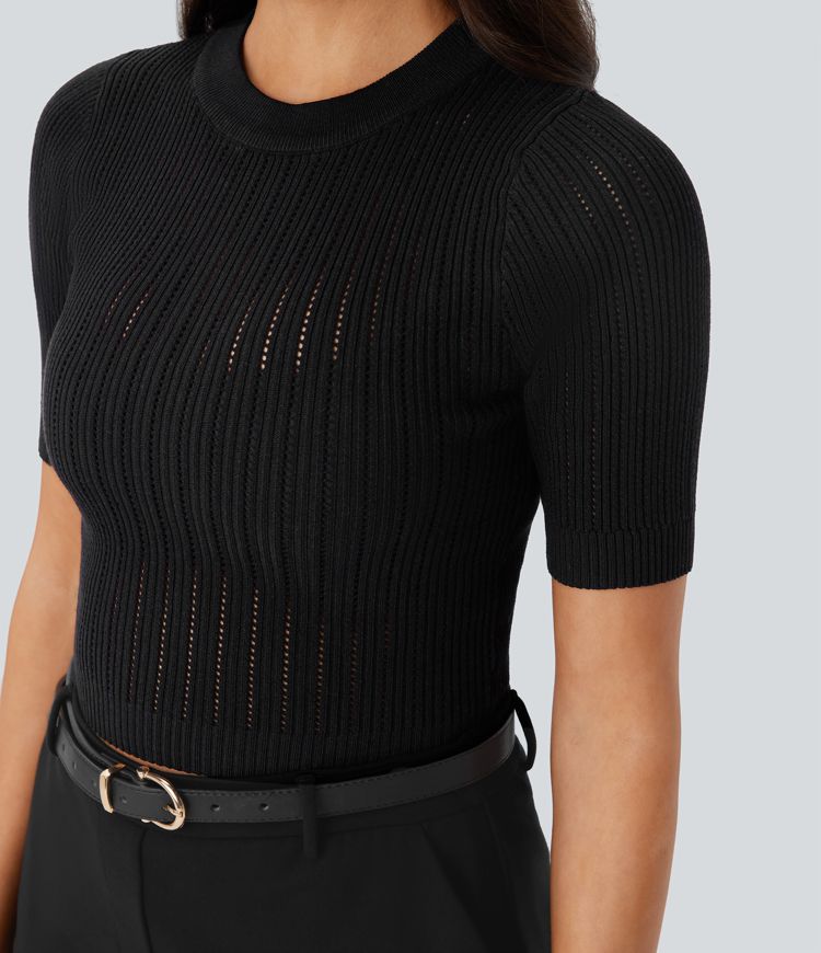 Round Neck Short Sleeve Cut Out Work Sweater