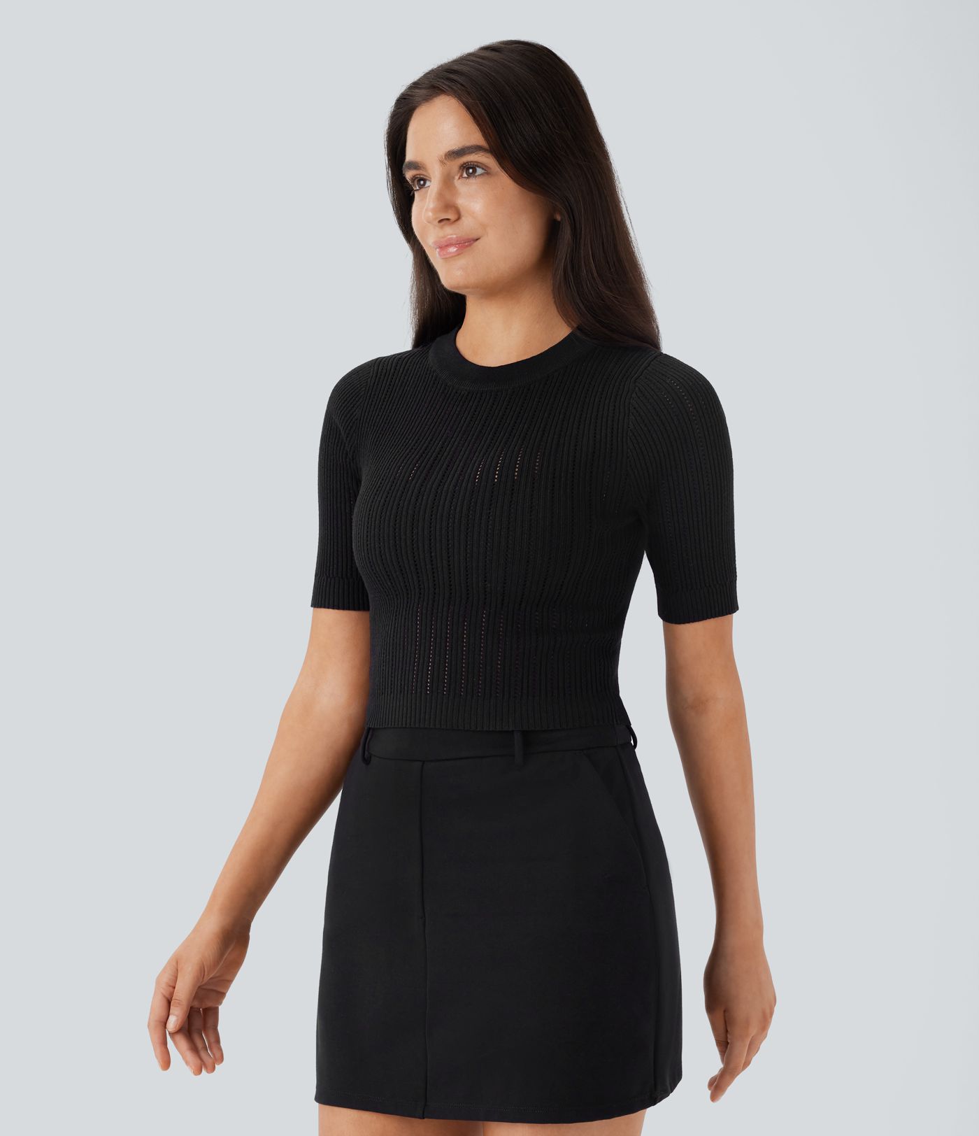 Round Neck Short Sleeve Cut Out Work Sweater