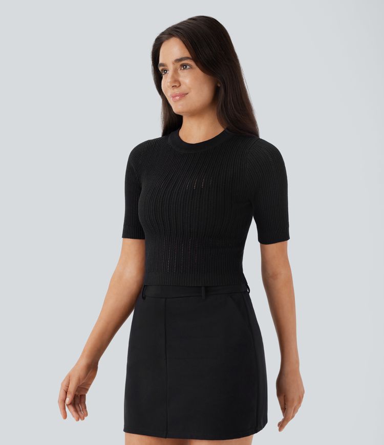 Round Neck Short Sleeve Cut Out Work Sweater