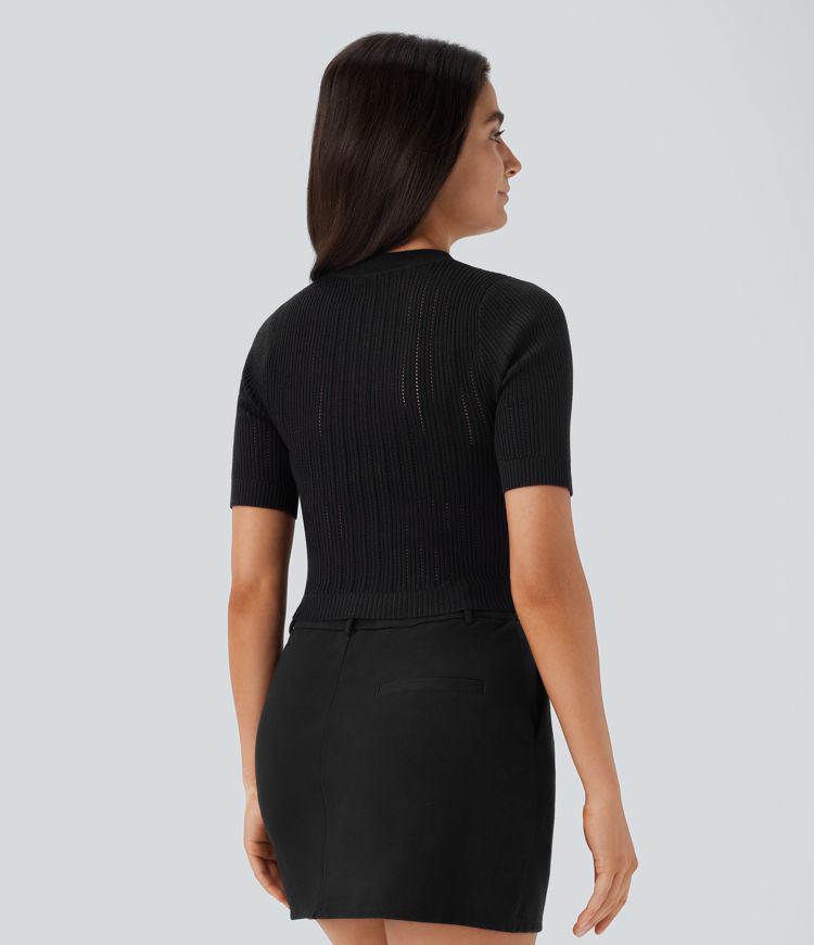 Round Neck Short Sleeve Cut Out Work Sweater