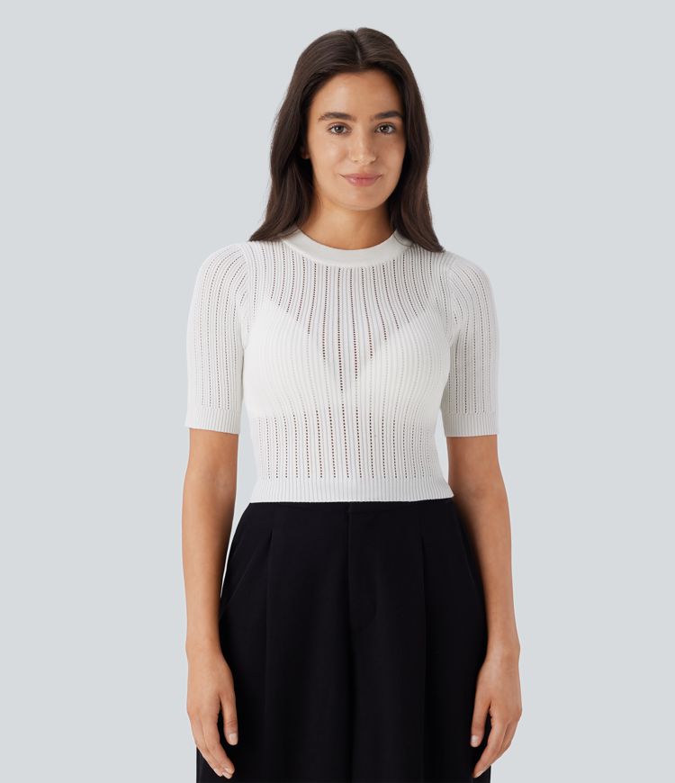 Round Neck Short Sleeve Cut Out Work Sweater