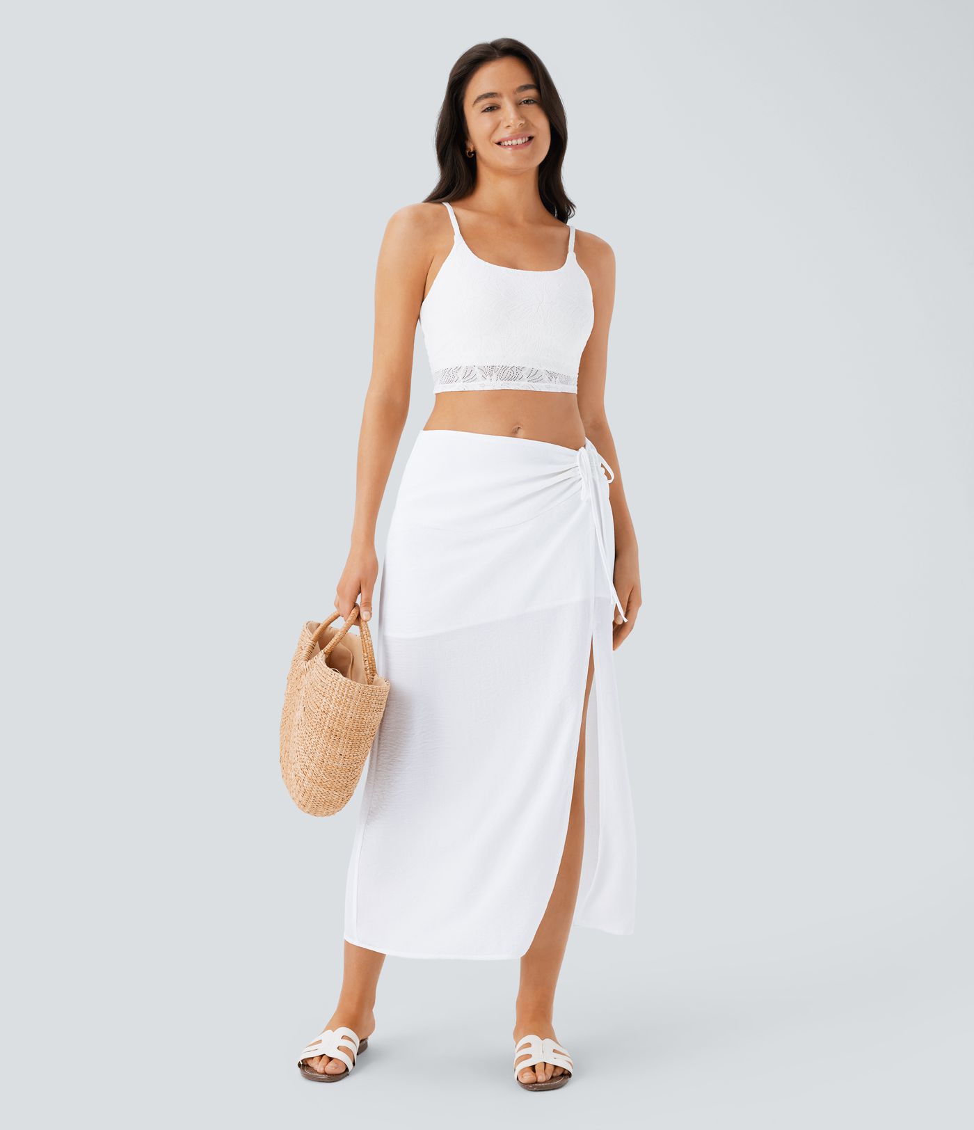 Mid Rise Drawstring Ruched Invisible Zipper 2-in-1 Split Midi Resort Linen-Feel Skirt