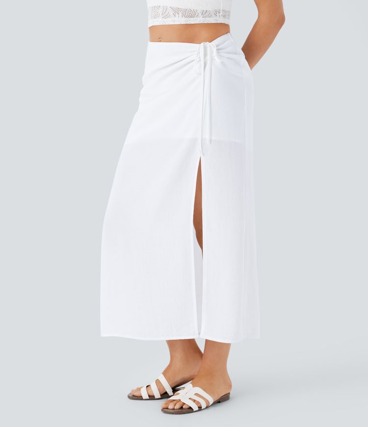 Mid Rise Drawstring Ruched Invisible Zipper 2-in-1 Split Midi Resort Linen-Feel Skirt