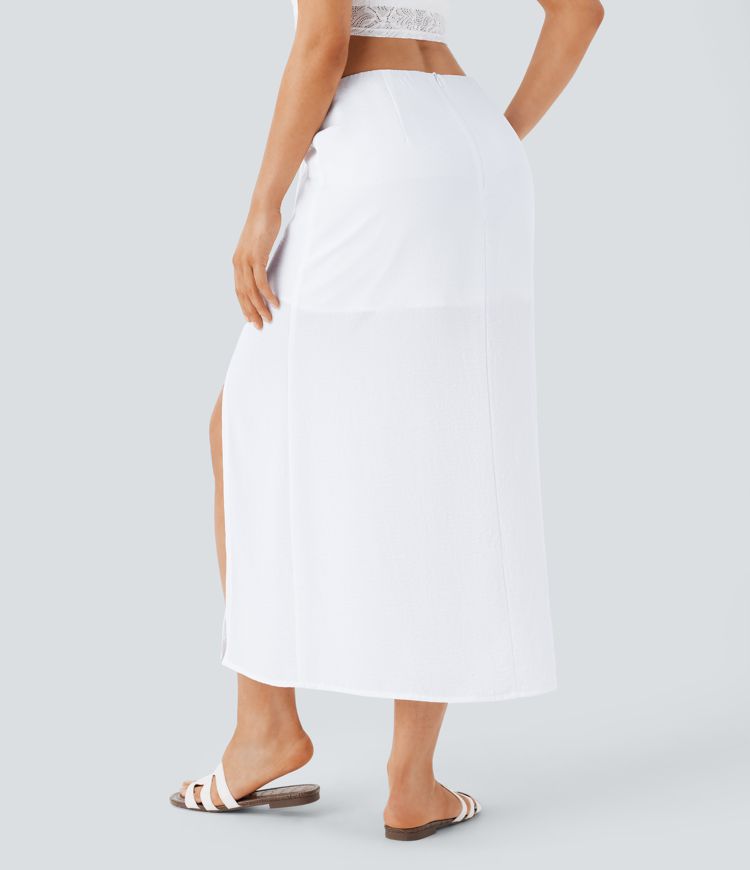 Mid Rise Drawstring Ruched Invisible Zipper 2-in-1 Split Midi Resort Linen-Feel Skirt