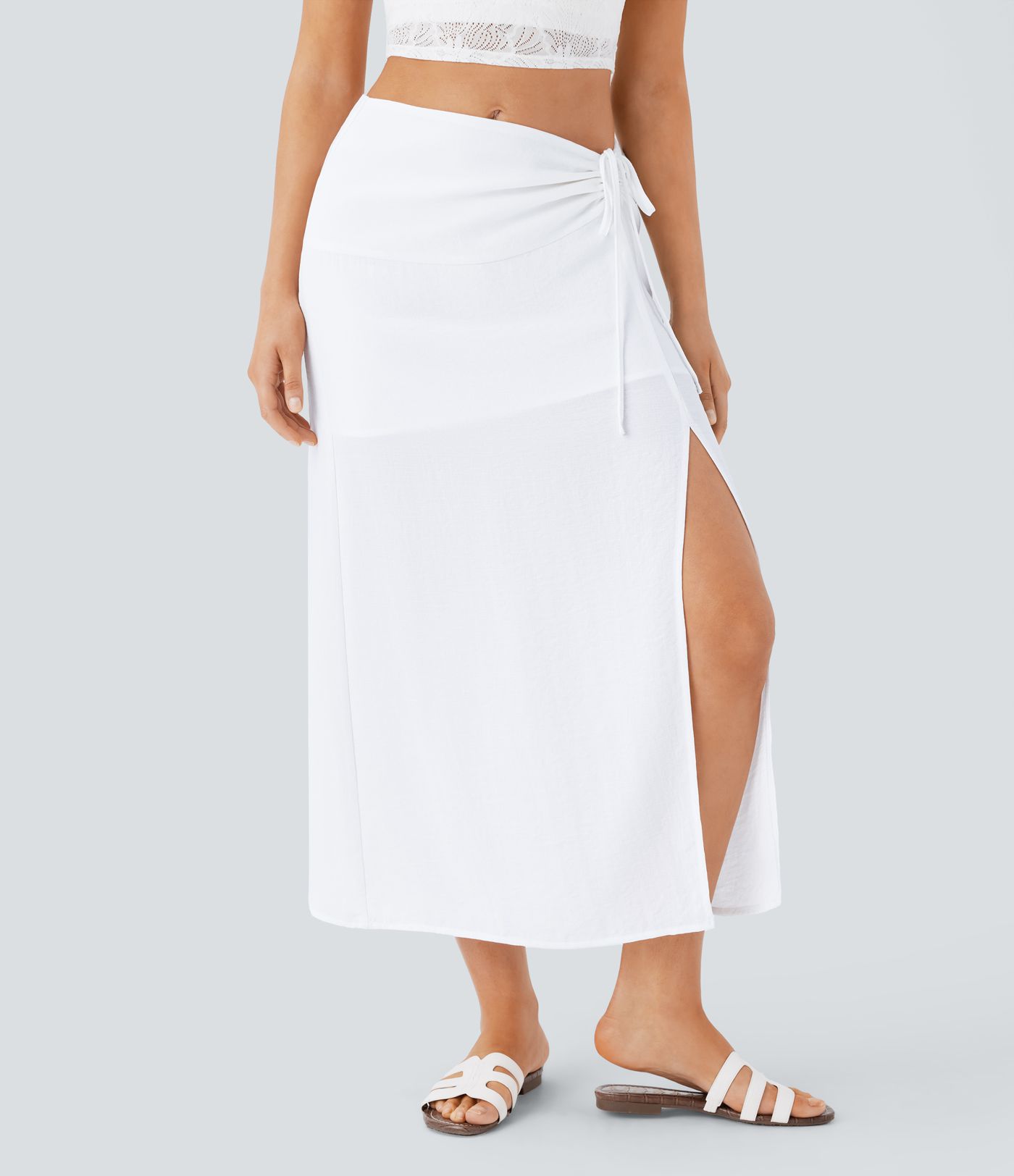 Mid Rise Drawstring Ruched Invisible Zipper 2-in-1 Split Midi Resort Linen-Feel Skirt