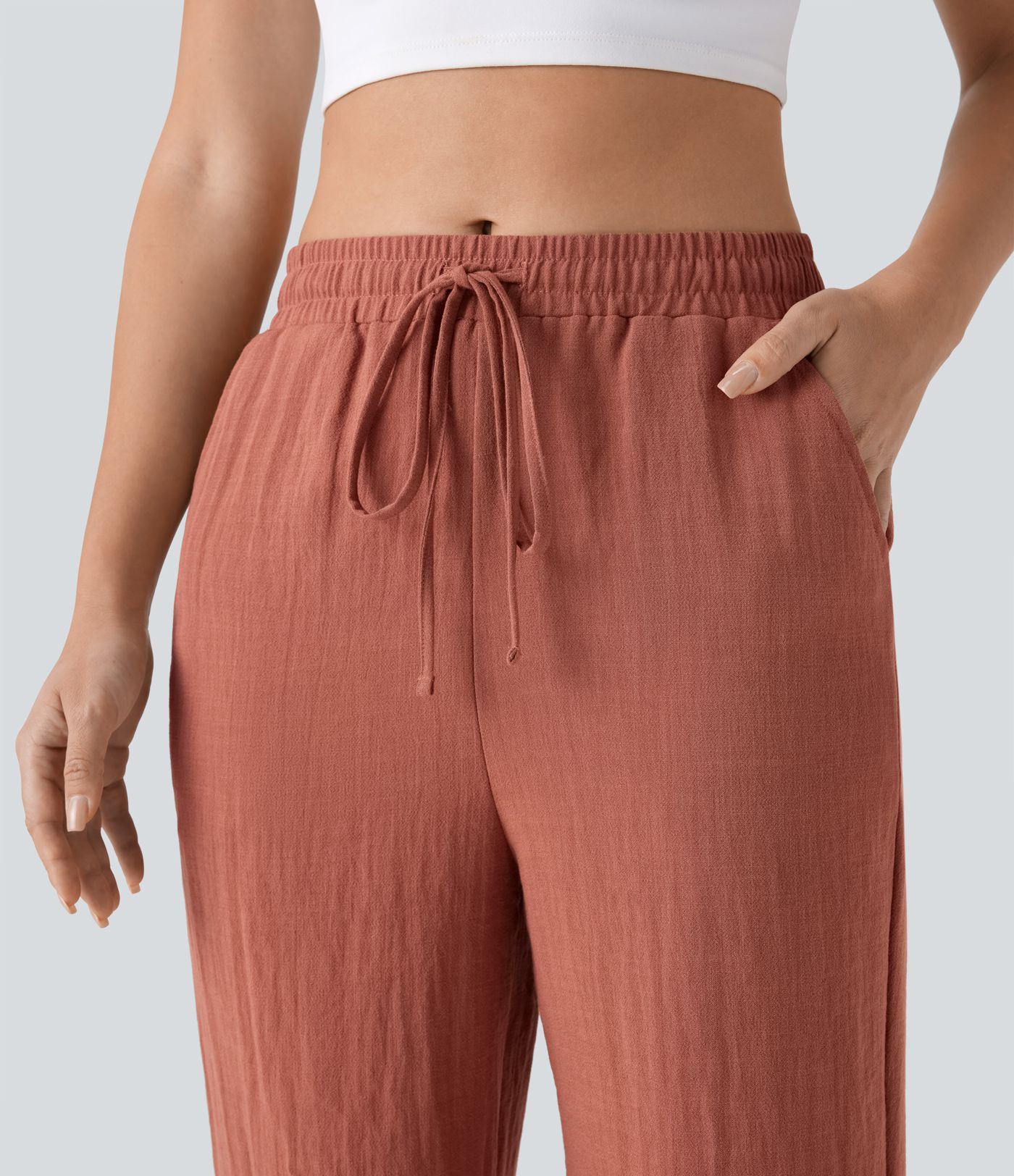 Pantalon décontracté capri droit effet lin, taille mi-haute, avec cordon et poches