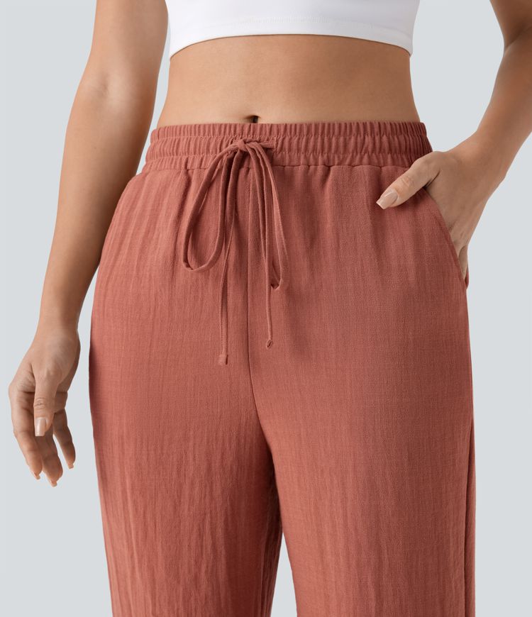 Pantalon décontracté capri droit effet lin, taille mi-haute, avec cordon et poches