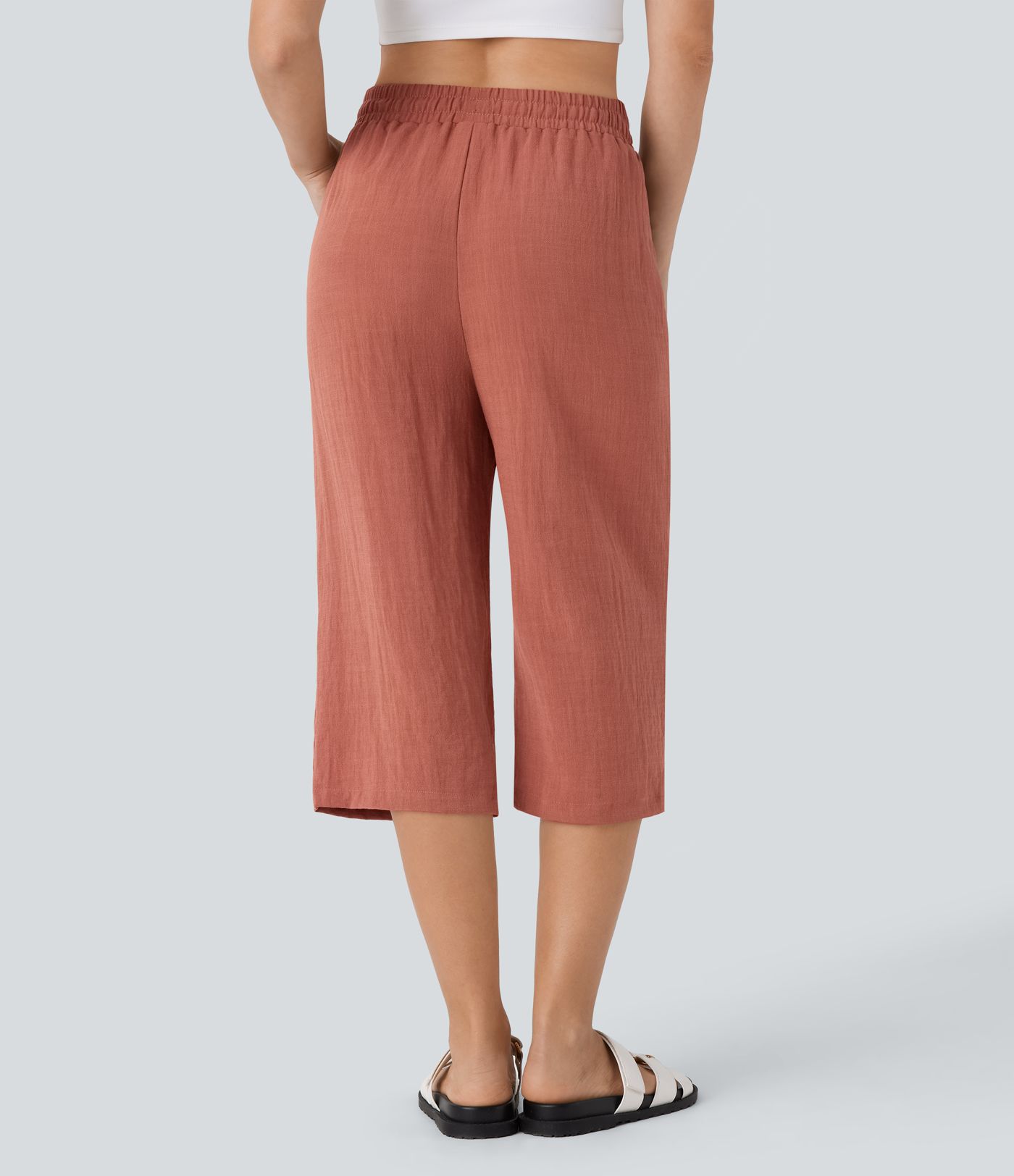 Pantalon décontracté capri droit effet lin, taille mi-haute, avec cordon et poches