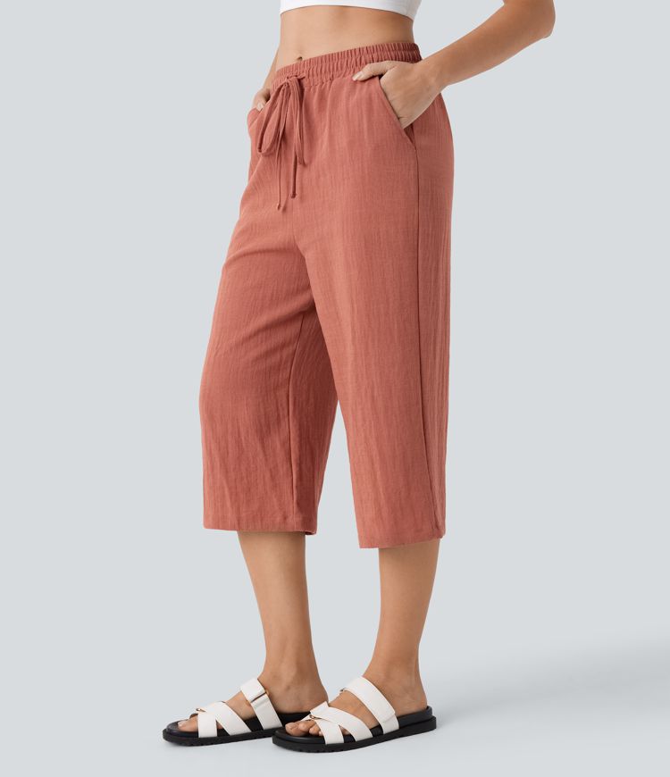 Pantalon décontracté capri droit effet lin, taille mi-haute, avec cordon et poches