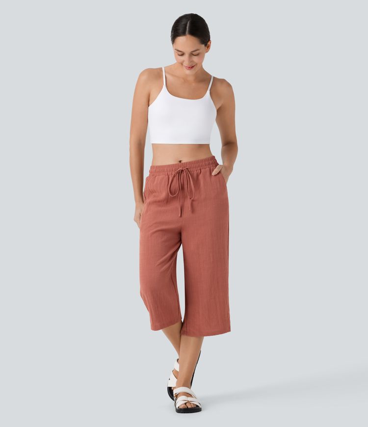 Pantalon décontracté capri droit effet lin, taille mi-haute, avec cordon et poches