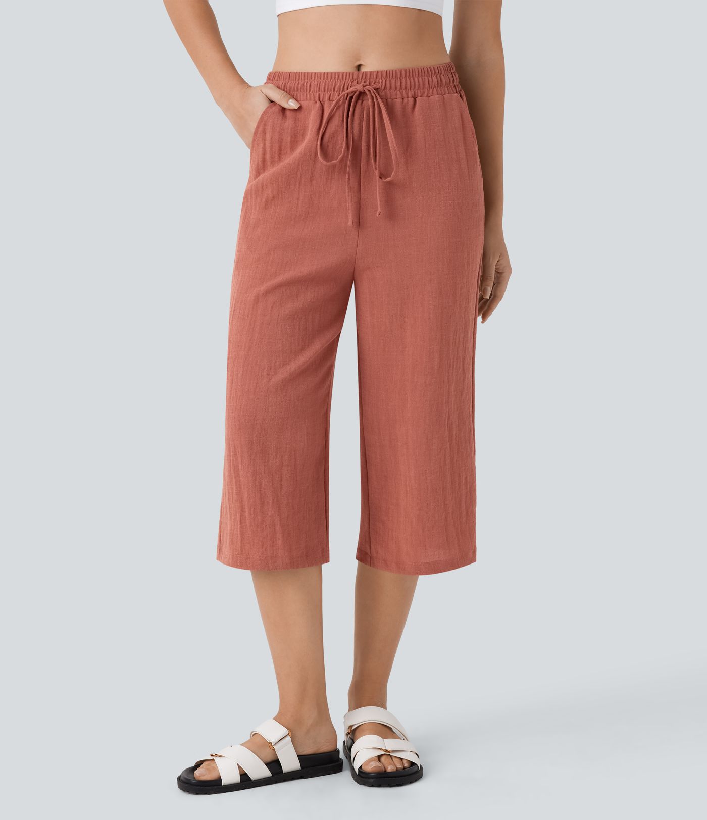Pantalon décontracté capri droit effet lin, taille mi-haute, avec cordon et poches