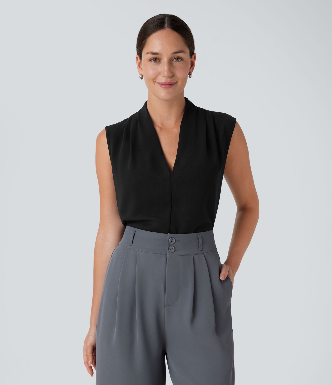 V Neck Sleeveless Women Work Blouse Top Shirt