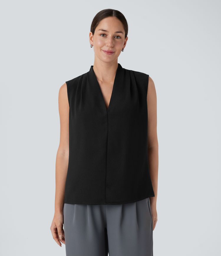 V Neck Sleeveless Women Work Blouse Top Shirt