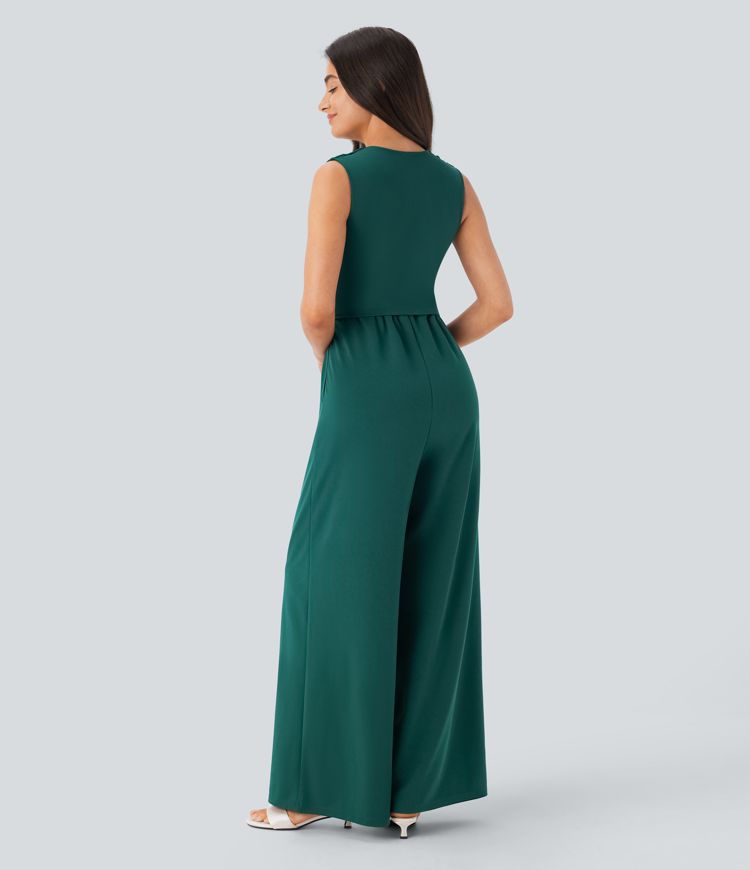 V Neck Sleeveless Ruched Side Pocket Invisible Zipper Party Jumpsuit-Easy Peezy