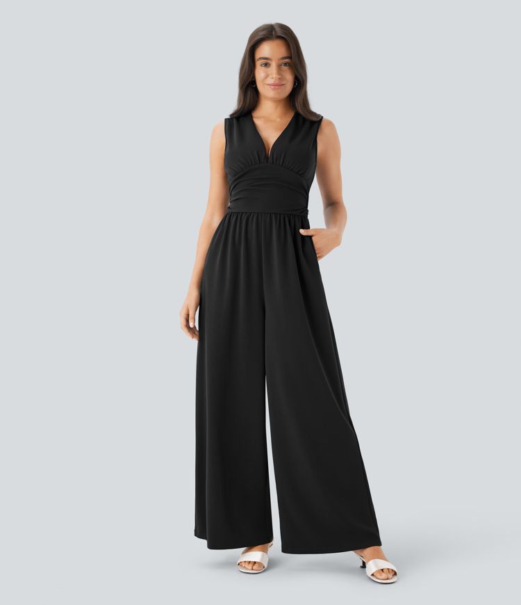 V Neck Sleeveless Ruched Side Pocket Invisible Zipper Party Jumpsuit-Easy Peezy