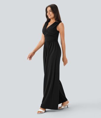 Mono sin mangas con escote en V, fruncido y sin bolsillos — fácil de llevar