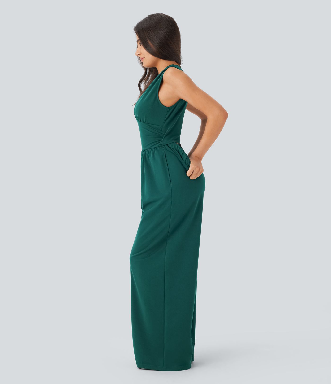 V Neck Sleeveless Ruched Side Pocket Invisible Zipper Party Jumpsuit-Easy Peezy