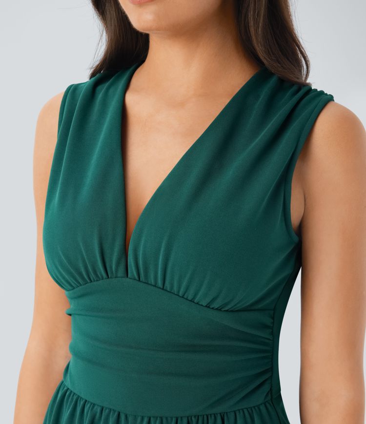 V Neck Sleeveless Ruched Pocket Jumpsuit-Easy Peezy