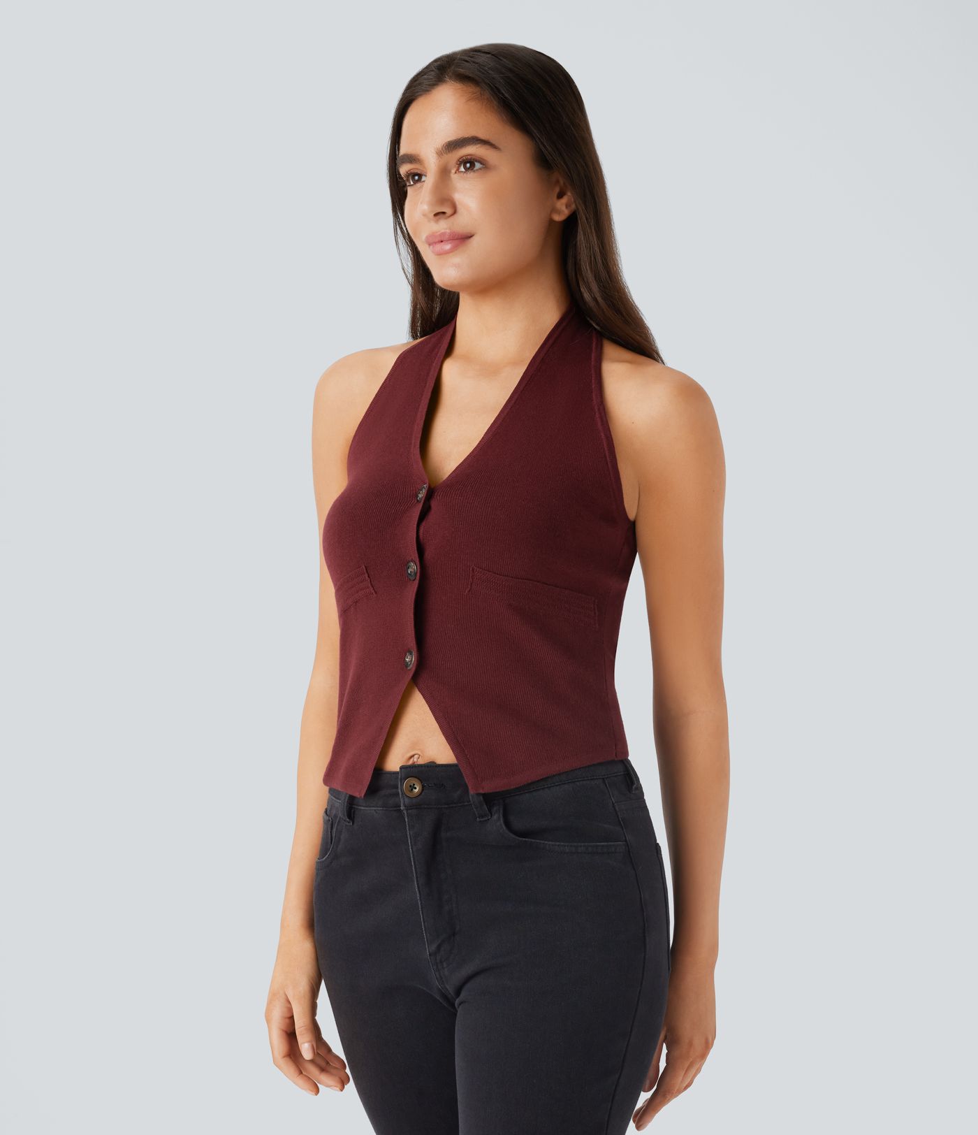 Chaleco cárdigan ajustado cuello halter sin espalda