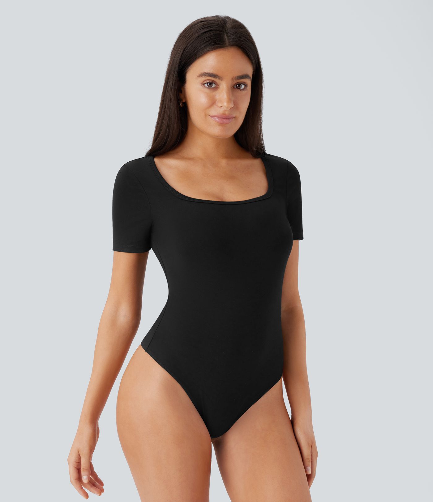 U Neck Short Sleeve Snap Skinny Work Bodysuit