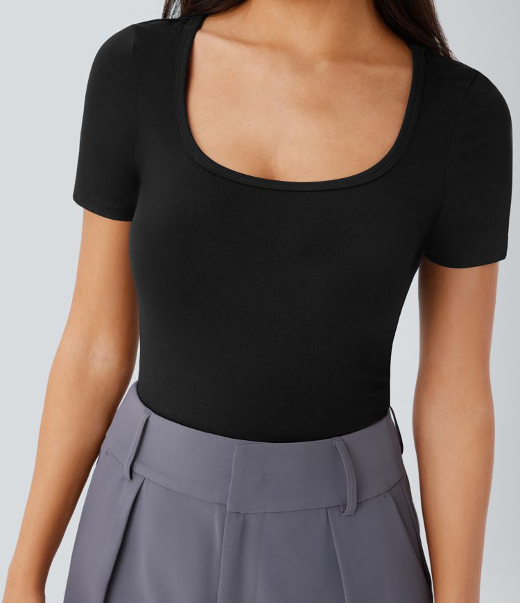 Body oficina ajustado botón presión manga corta cuello U