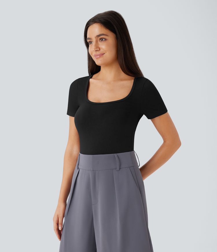 Body oficina ajustado botón presión manga corta cuello U