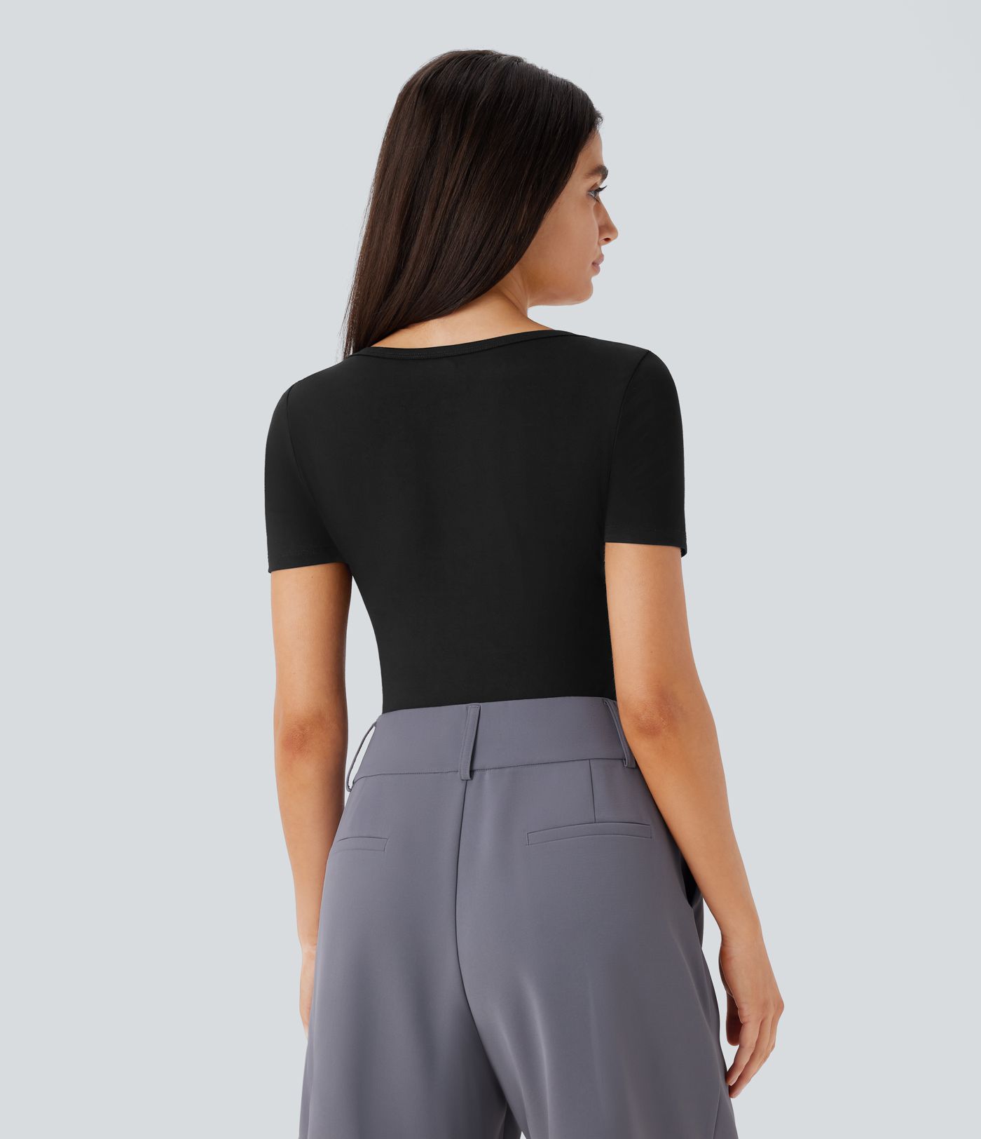 U Neck Short Sleeve Snap Skinny Work Bodysuit