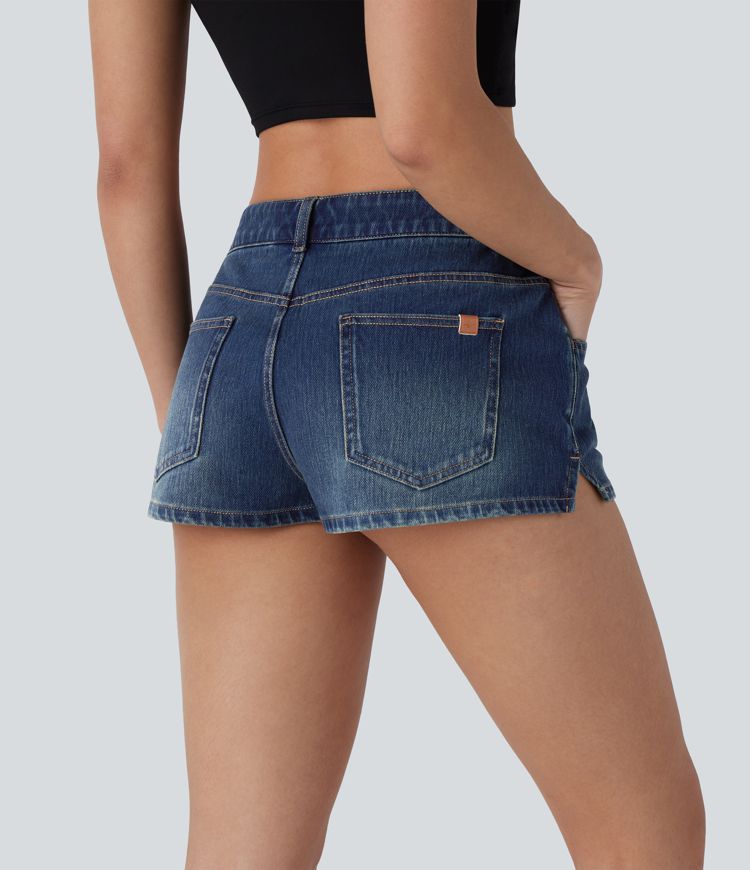 Short décontracté à fentes en denim extensible délavé avec poches multiples et taille basse Halara Flex™