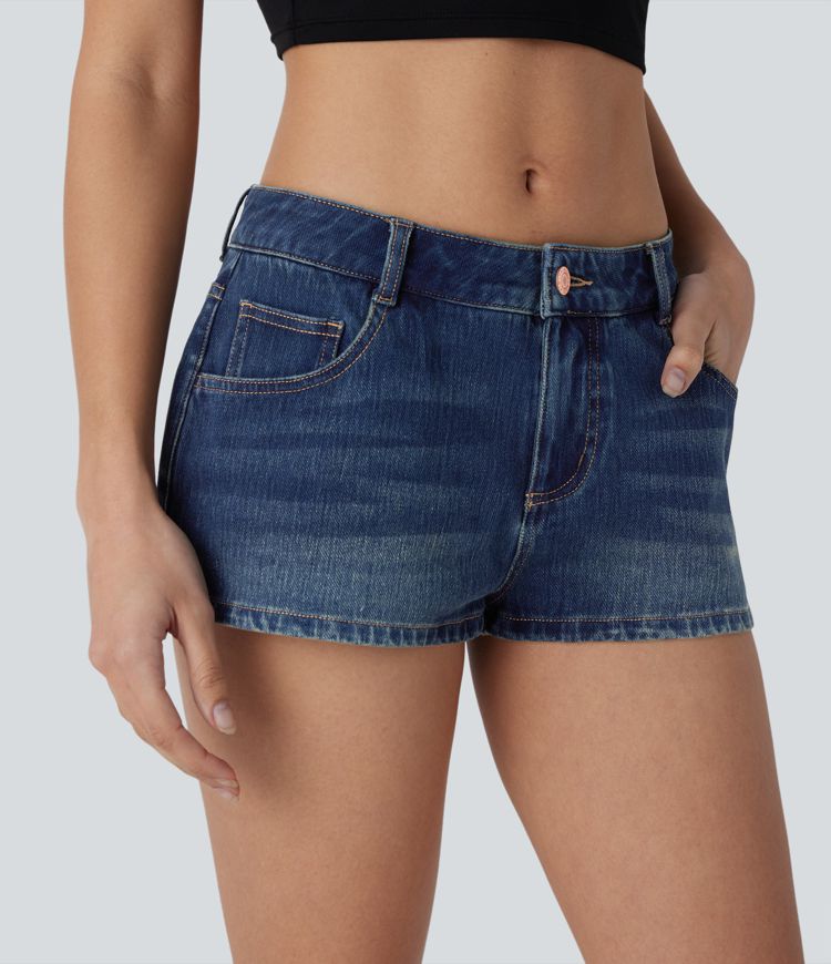 Short décontracté à fentes en denim extensible délavé avec poches multiples et taille basse Halara Flex™