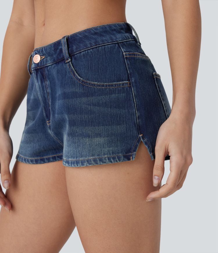 Short décontracté à fentes en denim extensible délavé avec poches multiples et taille basse Halara Flex™