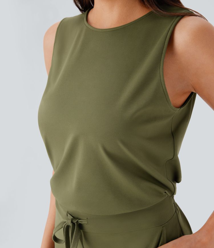 Mono cuello redondo sin mangas abertura espalda cordón ajustable bolsillo lateral