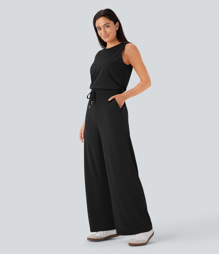 Round Neck Sleeveless Keyhole Back Drawstring Side Pocket Casual Jumpsuit