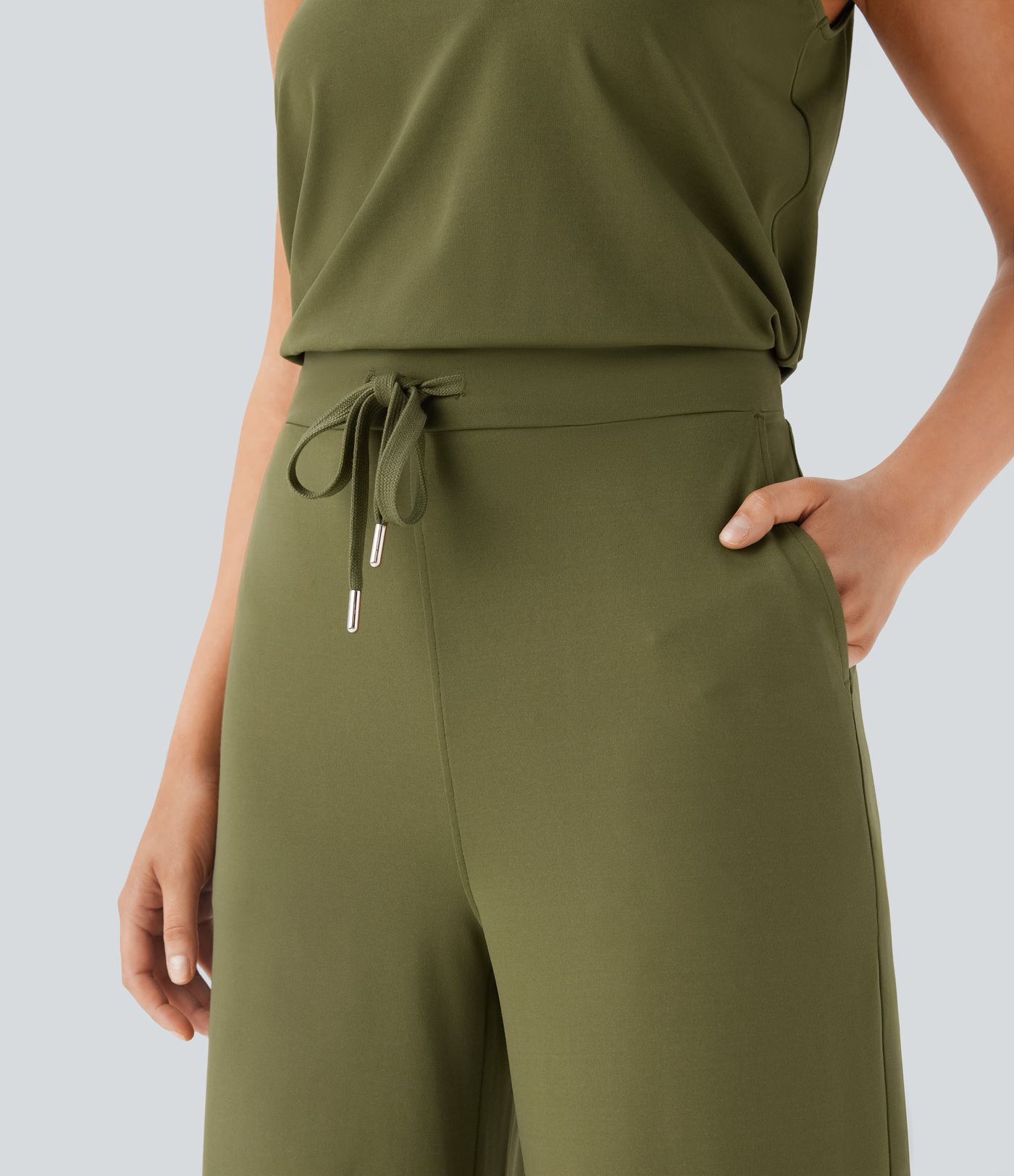 Round Neck Sleeveless Keyhole Back Drawstring Side Pocket Casual Jumpsuit