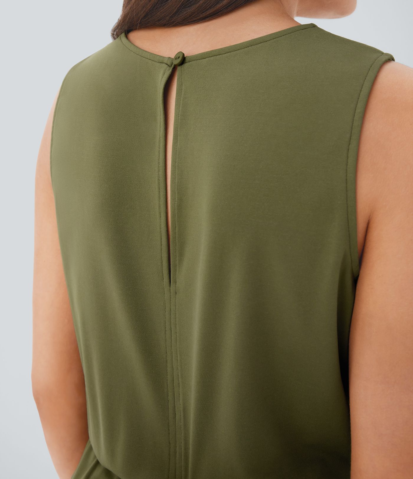 Round Neck Sleeveless Keyhole Back Drawstring Side Pocket Casual Jumpsuit