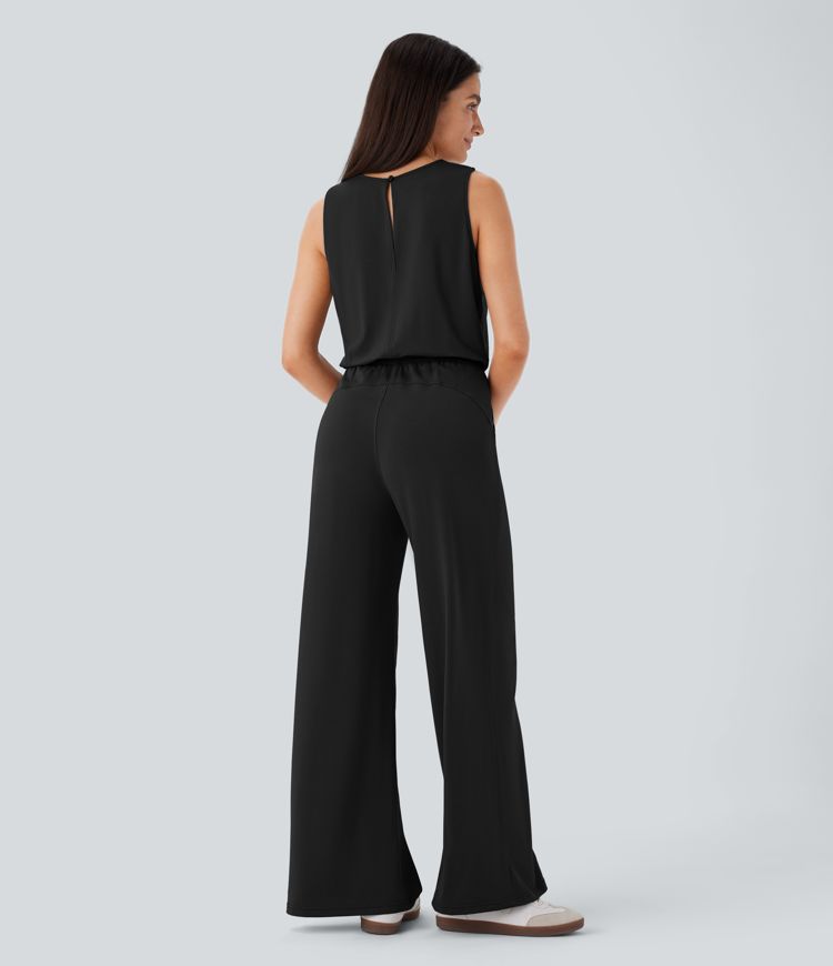 Round Neck Sleeveless Keyhole Back Drawstring Side Pocket Casual Jumpsuit