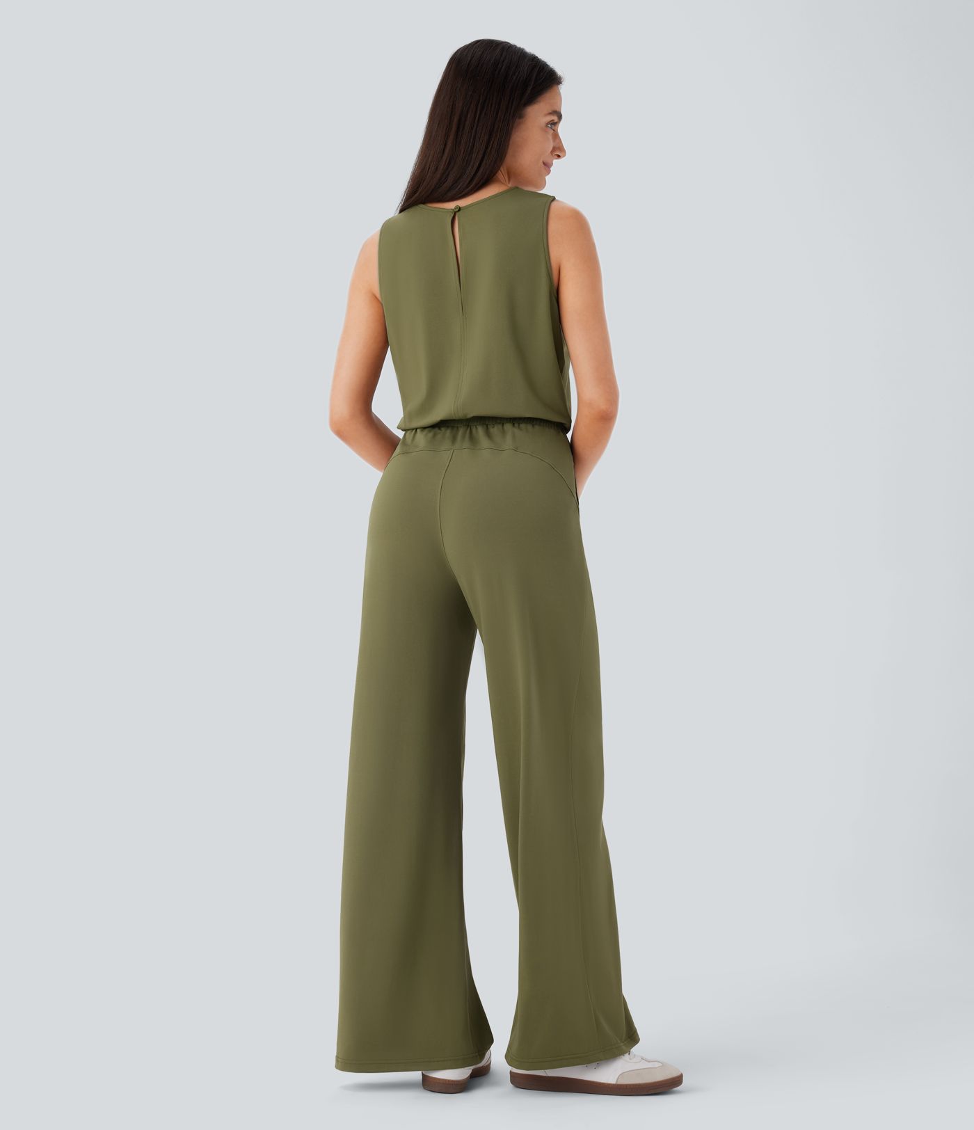 Round Neck Sleeveless Keyhole Back Drawstring Side Pocket Casual Jumpsuit