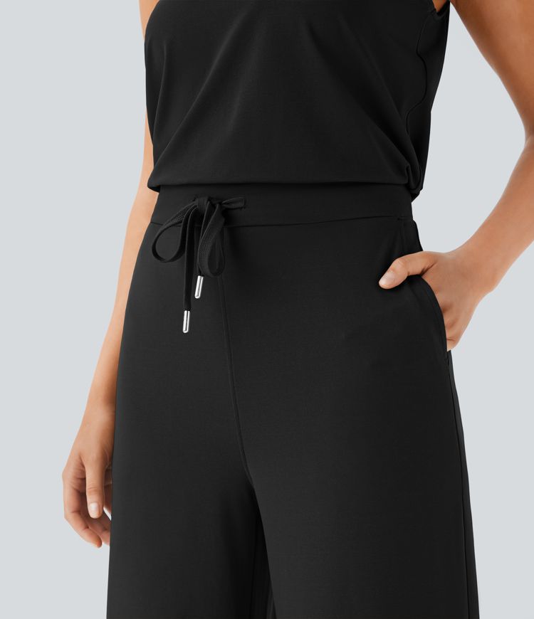 Round Neck Sleeveless Keyhole Back Drawstring Pocket Casual Jumpsuit