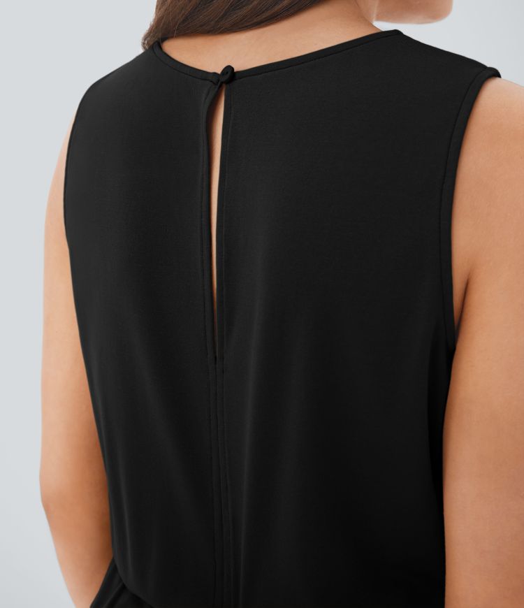 Round Neck Sleeveless Keyhole Back Drawstring Side Pocket Casual Jumpsuit