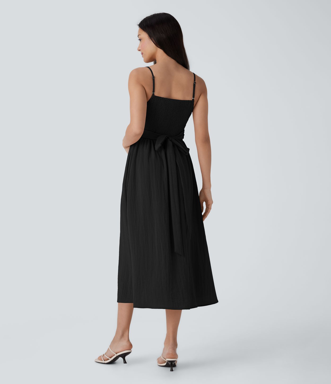 Shirred Tie Pocket Flowy Midi Casual Linen-Feel Dress-Front and Back Wearable