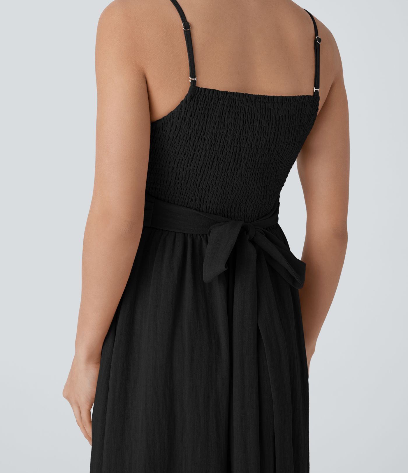 Shirred Tie Pocket Flowy Midi Casual Linen-Feel Dress-Front and Back Wearable