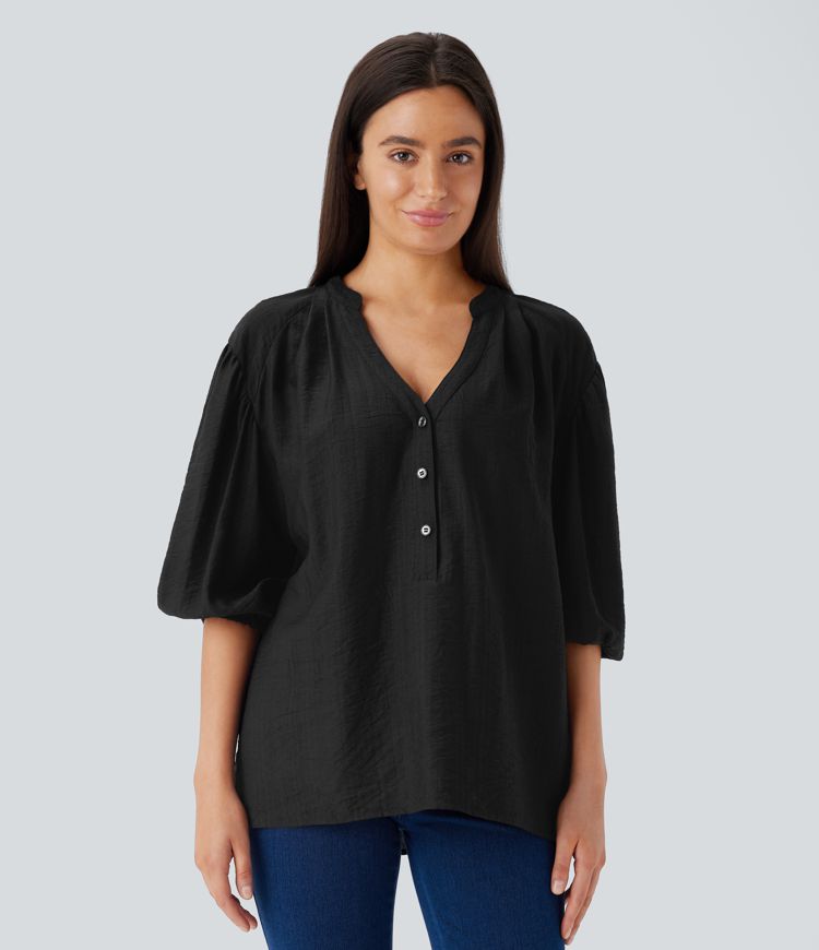 Haut décontracté oversize col V manches bouffantes 3/4