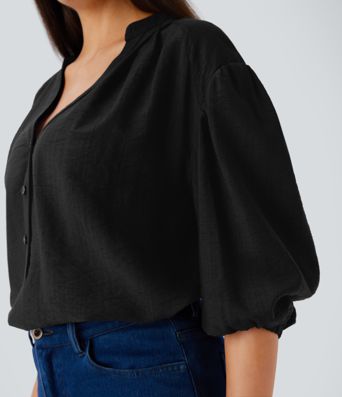 Haut décontracté oversize col V manches bouffantes 3/4