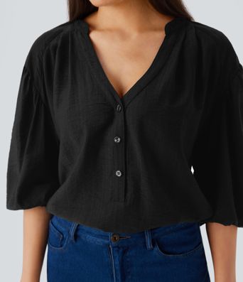 Haut décontracté oversize col V manches bouffantes 3/4