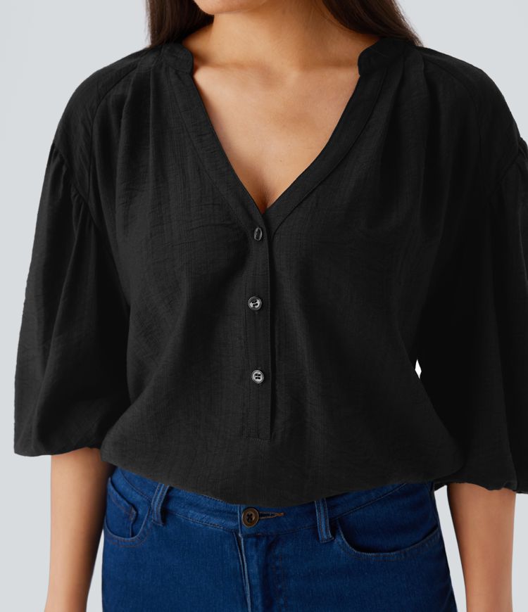 Haut décontracté oversize col V manches bouffantes 3/4