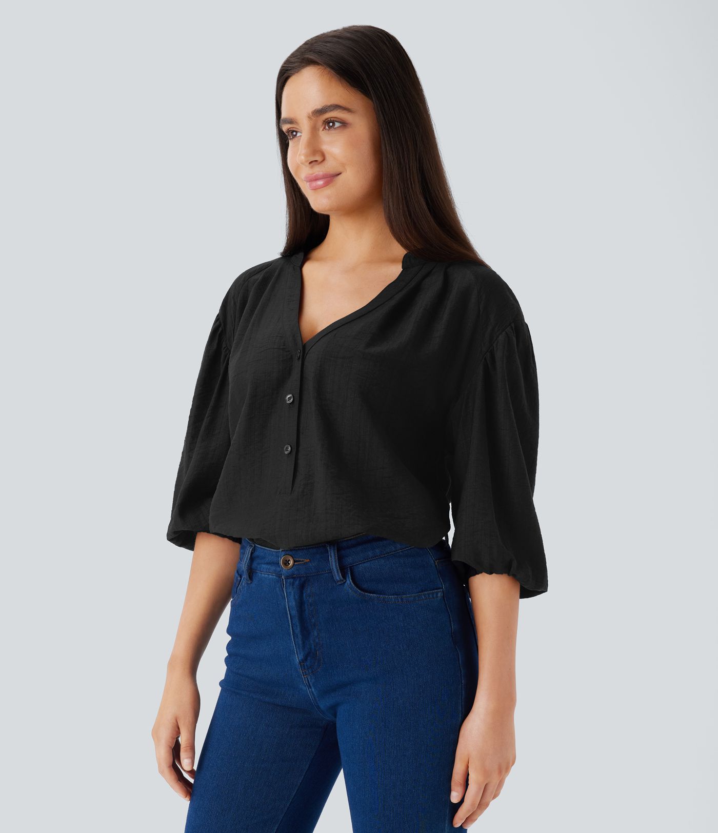 Haut décontracté oversize col V manches bouffantes 3/4