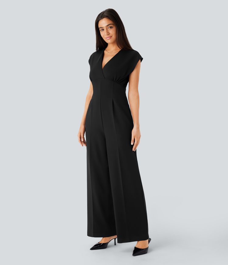 V Neck Cap Sleeve Pocket Work Jumpsuit
