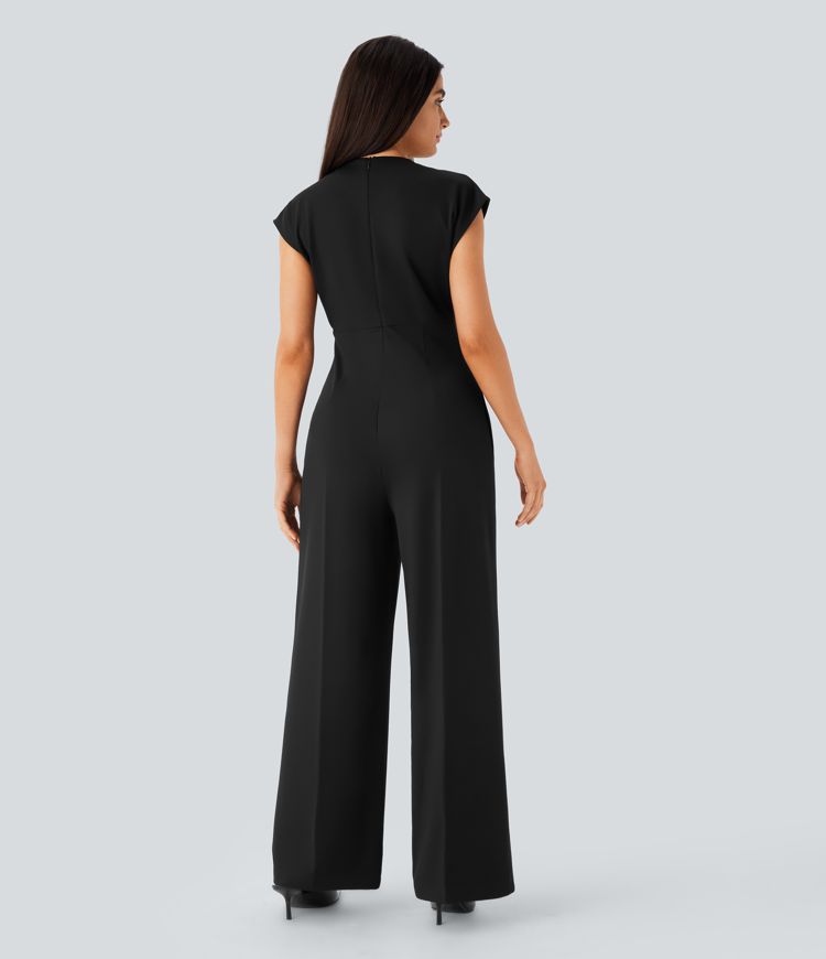 V Neck Cap Sleeve Pocket Work Jumpsuit