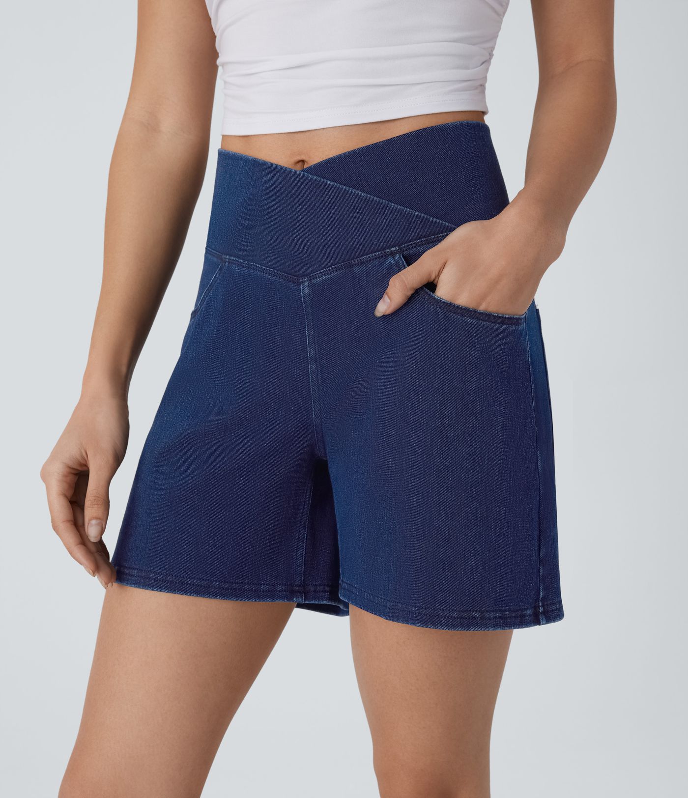 Halara Flex™ Crossover High Waisted Pockets Wide Leg A Line Washed Denim Casual Shorts