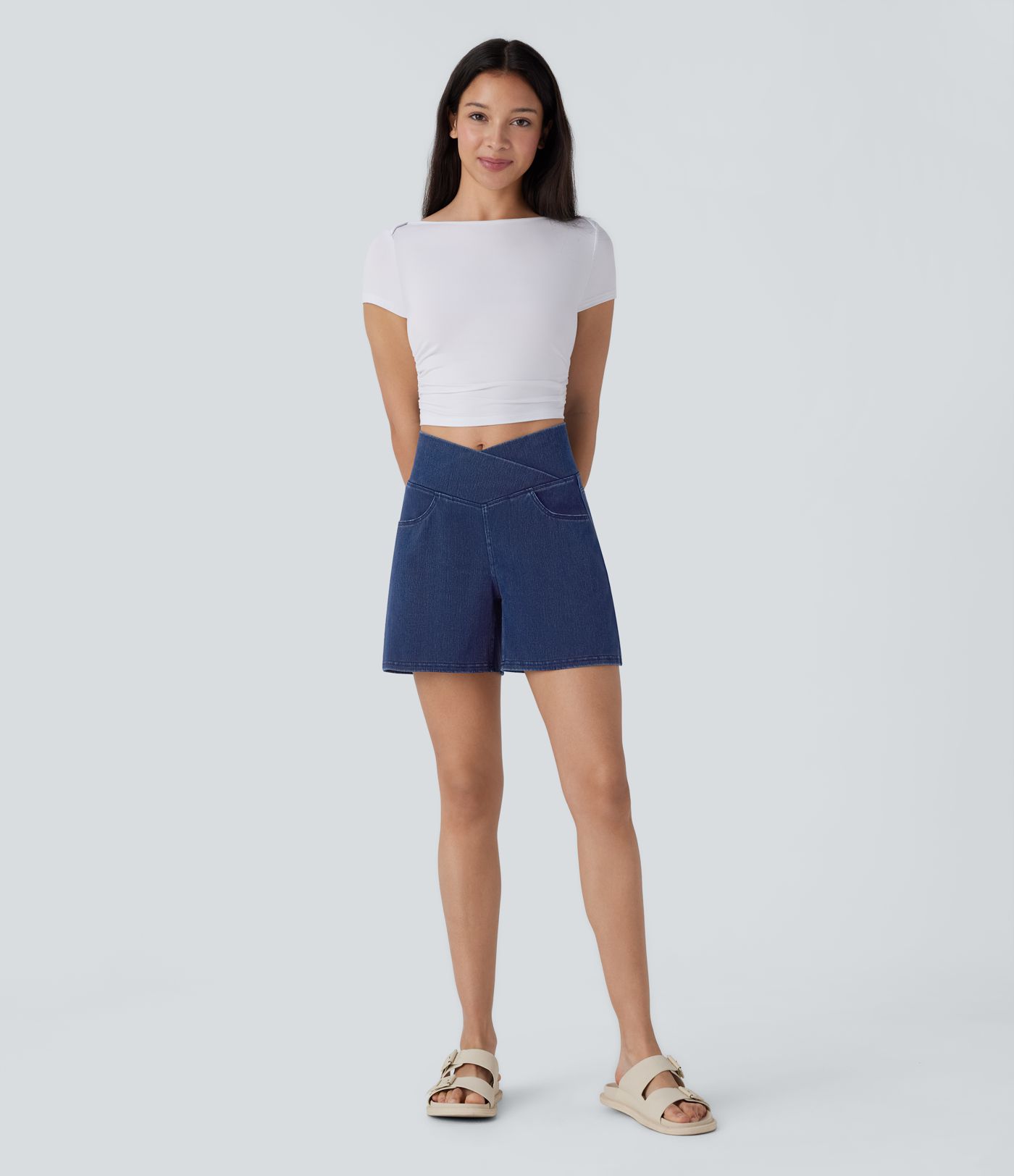 Halara Flex™ Crossover High Waisted Pockets Wide Leg A Line Washed Denim Casual Shorts