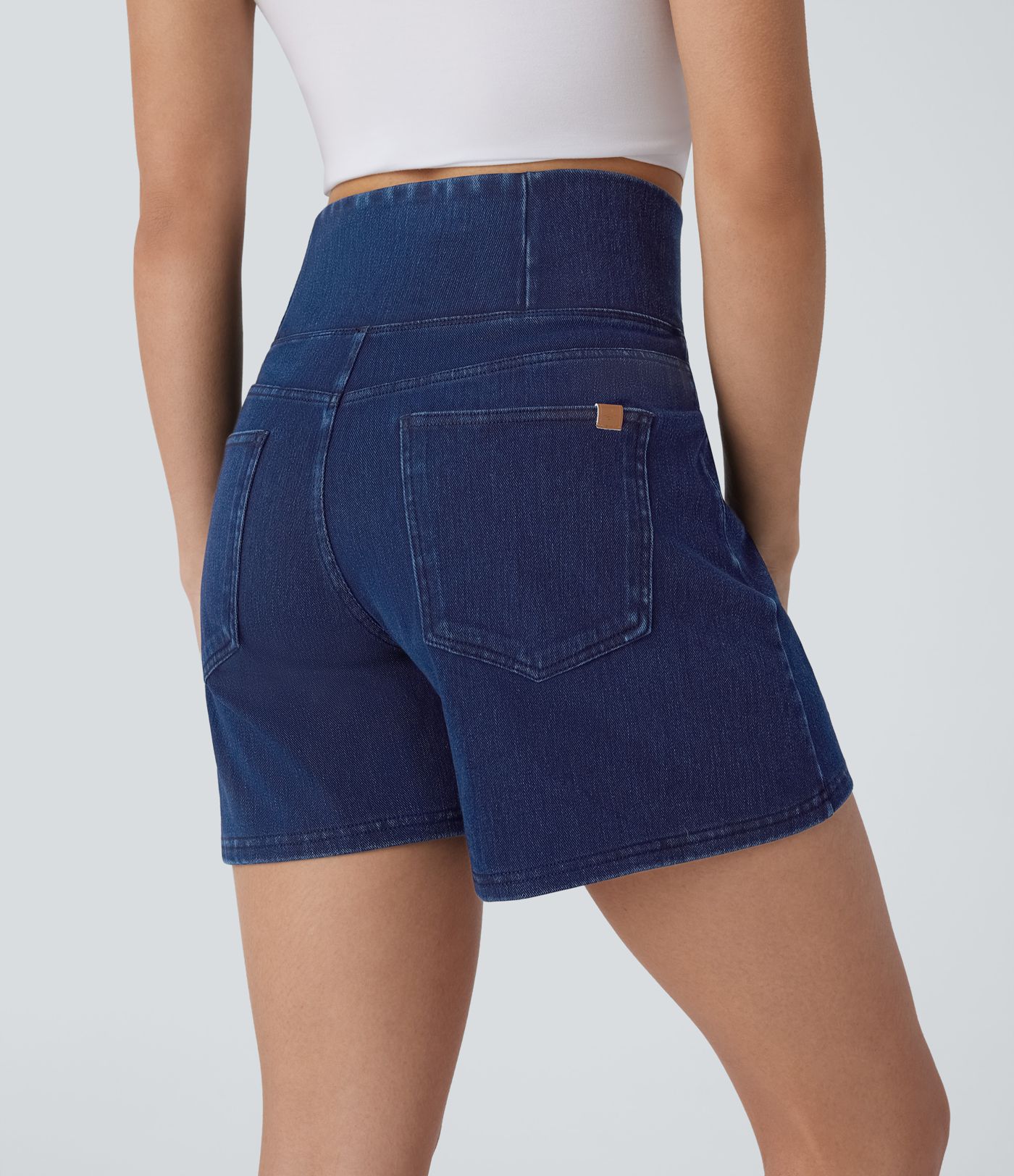 Halara Flex™ Crossover High Waisted Pockets Wide Leg A Line Washed Denim Casual Shorts